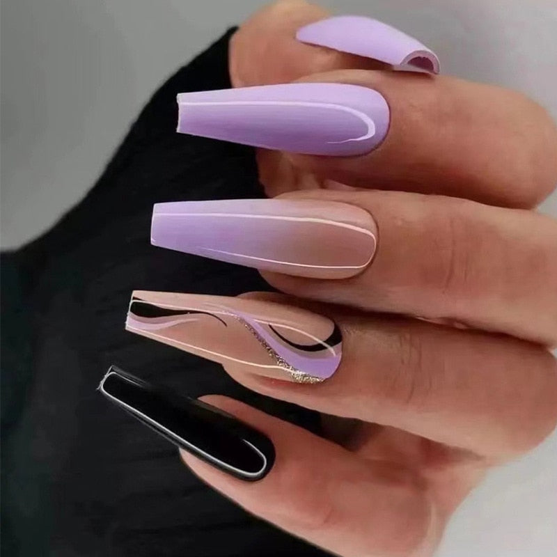 24Pcs Full Cover False Nails with Glue Extra Long Ballerina Coffin Detachable Fake Nails Flower Design Press on Nails Manicure