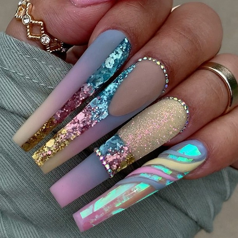 24Pcs Full Cover False Nails with Glue Extra Long Ballerina Coffin Detachable Fake Nails Flower Design Press on Nails Manicure