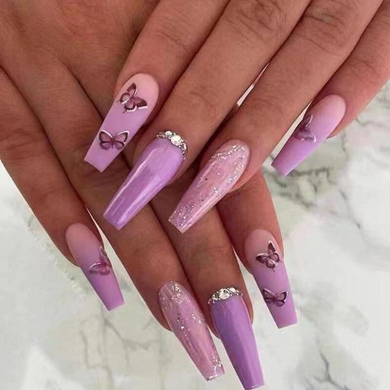 24Pcs Full Cover False Nails with Glue Extra Long Ballerina Coffin Detachable Fake Nails Flower Design Press on Nails Manicure