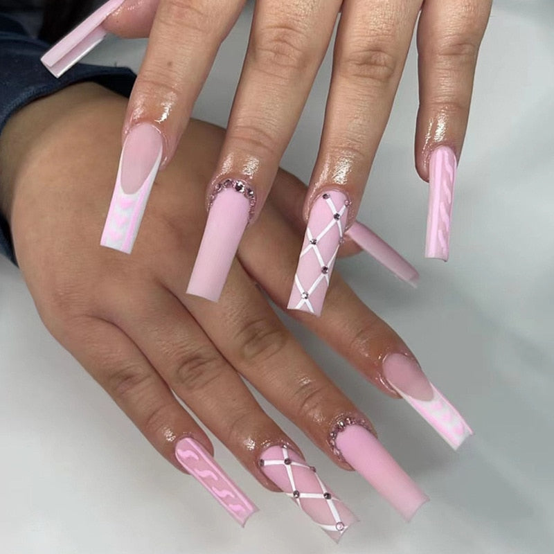 24Pcs Full Cover False Nails with Glue Extra Long Ballerina Coffin Detachable Fake Nails Flower Design Press on Nails Manicure