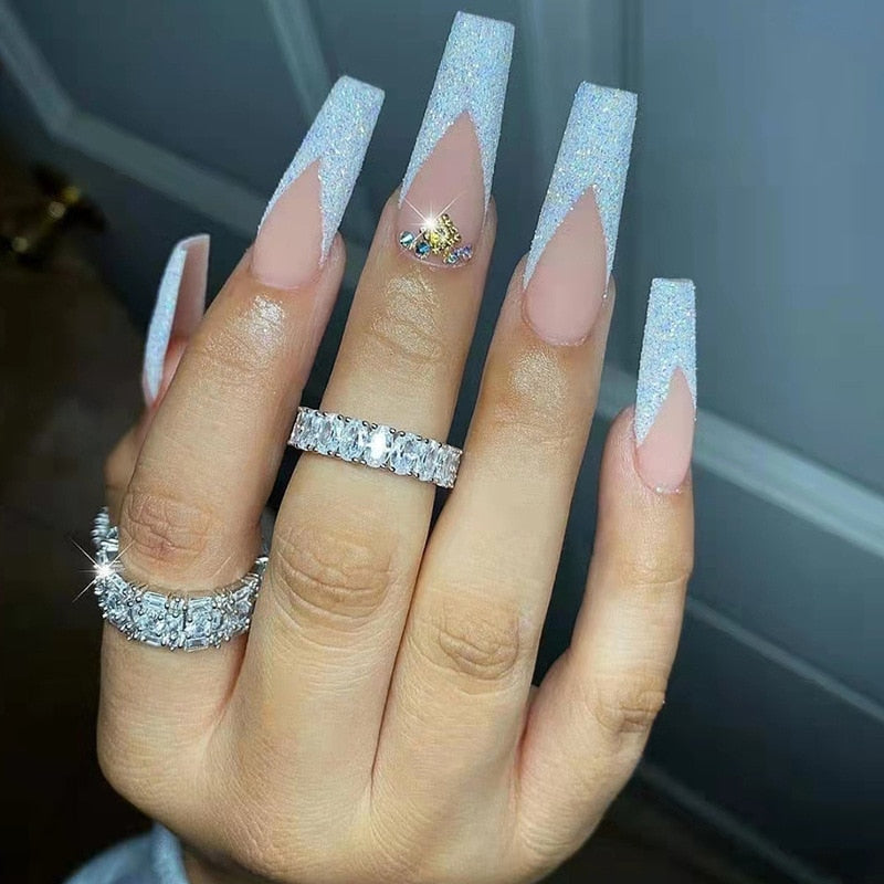 24Pcs Full Cover False Nails with Glue Extra Long Ballerina Coffin Detachable Fake Nails Flower Design Press on Nails Manicure