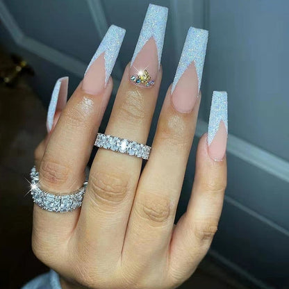 24Pcs Full Cover False Nails with Glue Extra Long Ballerina Coffin Detachable Fake Nails Flower Design Press on Nails Manicure