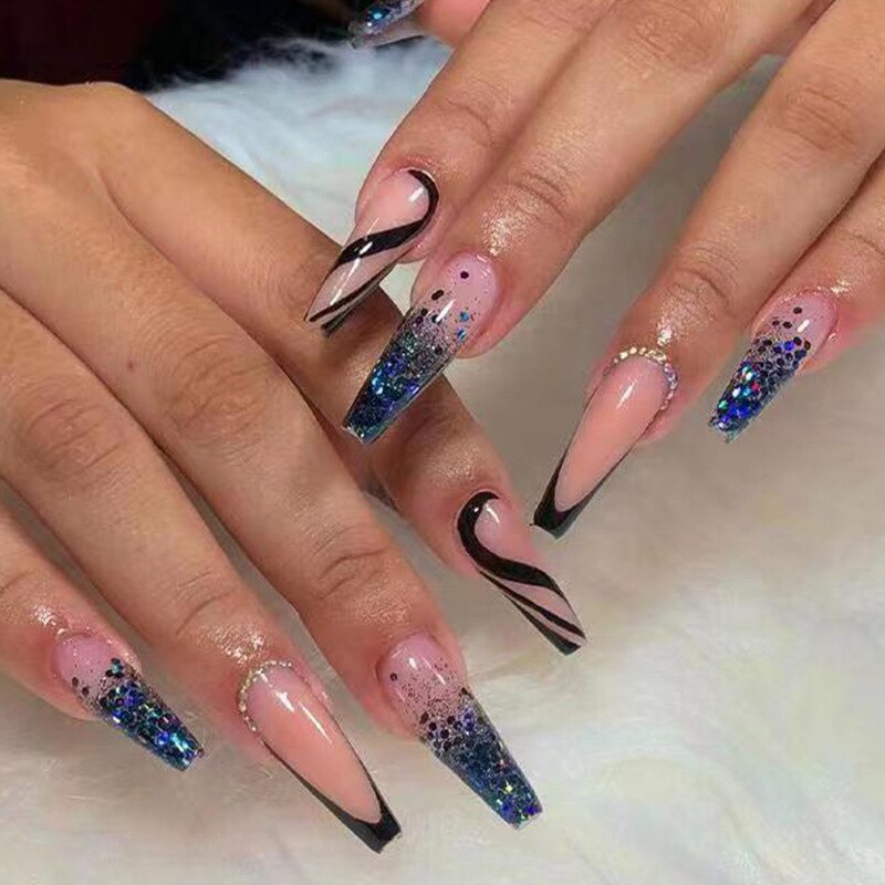 24Pcs Full Cover False Nails with Glue Extra Long Ballerina Coffin Detachable Fake Nails Flower Design Press on Nails Manicure