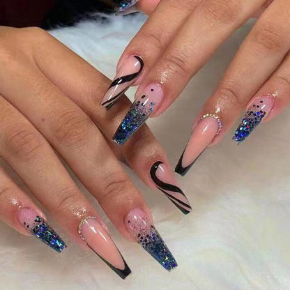 24Pcs Full Cover False Nails with Glue Extra Long Ballerina Coffin Detachable Fake Nails Flower Design Press on Nails Manicure