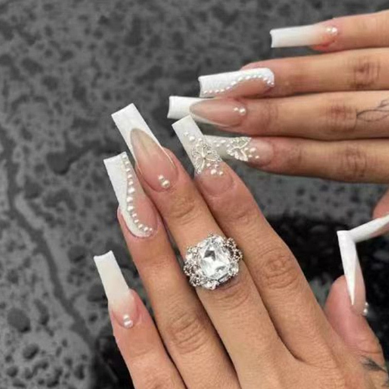 24Pcs Full Cover False Nails with Glue Extra Long Ballerina Coffin Detachable Fake Nails Flower Design Press on Nails Manicure