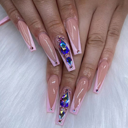 24Pcs Full Cover False Nails with Glue Extra Long Ballerina Coffin Detachable Fake Nails Flower Design Press on Nails Manicure
