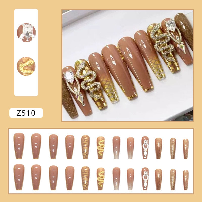24Pcs Full Cover False Nails with Glue Extra Long Ballerina Coffin Detachable Fake Nails Flower Design Press on Nails Manicure