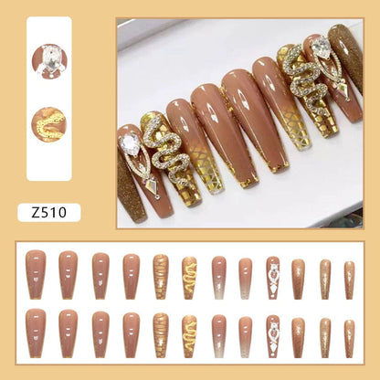 24Pcs Full Cover False Nails with Glue Extra Long Ballerina Coffin Detachable Fake Nails Flower Design Press on Nails Manicure