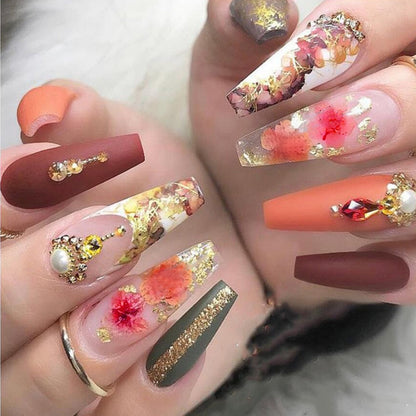 24Pcs Full Cover False Nails with Glue Extra Long Ballerina Coffin Detachable Fake Nails Flower Design Press on Nails Manicure