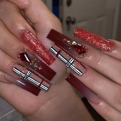 24Pcs Full Cover False Nails with Glue Extra Long Ballerina Coffin Detachable Fake Nails Flower Design Press on Nails Manicure