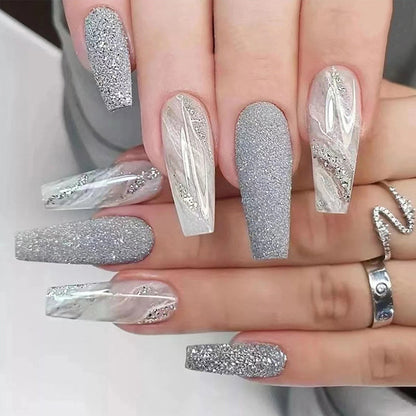 24Pcs Full Cover False Nails with Glue Long Square Coffin Fake Nails French Detachable Ballet Love Pattern Design Press on Nails