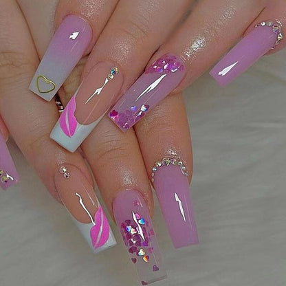 24Pcs Full Cover False Nails with Glue Long Square Coffin Fake Nails French Detachable Ballet Love Pattern Design Press on Nails