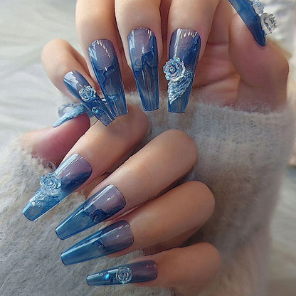 24Pcs Full Cover False Nails with Glue Long Square Coffin Fake Nails French Detachable Ballet Love Pattern Design Press on Nails