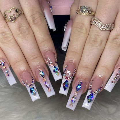 24Pcs Full Cover False Nails with Glue Long Square Coffin Fake Nails French Detachable Ballet Love Pattern Design Press on Nails