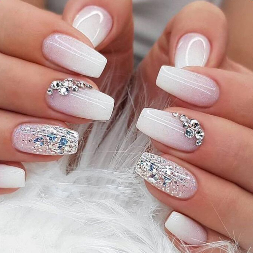 24Pcs Glitter Pink Fake Nails Press on French Set almond Cute Nail Art korean Fake Nails Acrylic Full Cover Tips with Glue