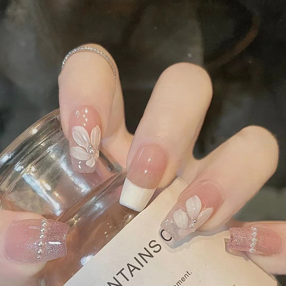 24Pcs Glitter Pink Fake Nails Press on French Set almond Cute Nail Art korean Fake Nails Acrylic Full Cover Tips with Glue