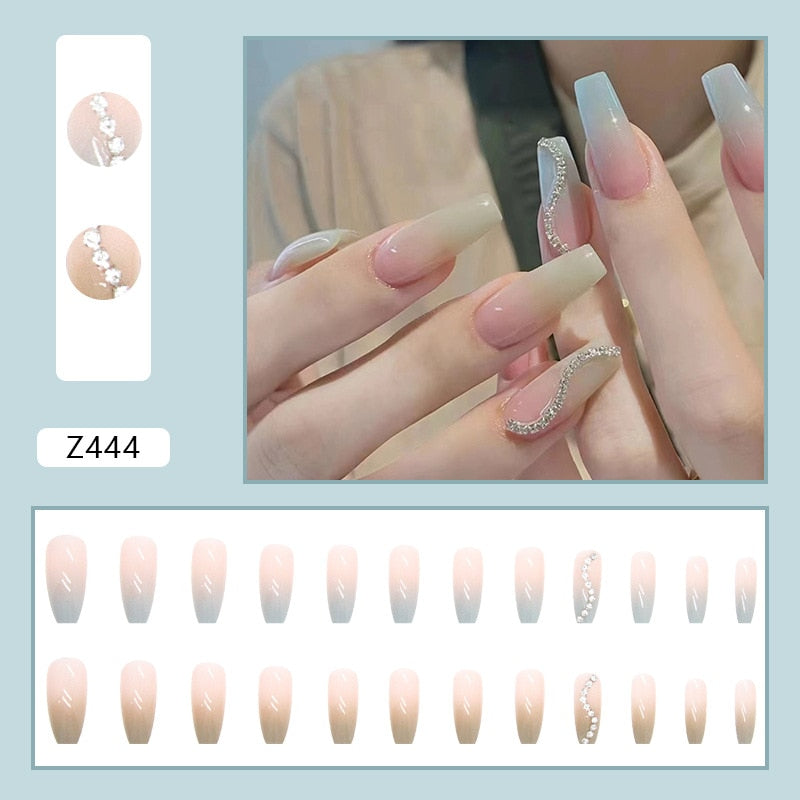24Pcs Glitter Pink Fake Nails Press on French Set almond Cute Nail Art korean Fake Nails Acrylic Full Cover Tips with Glue