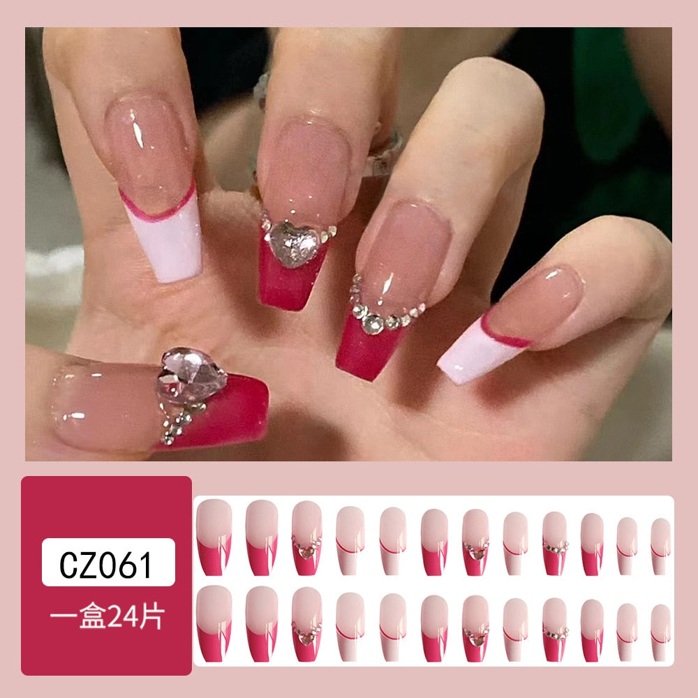 24Pcs Glitter Pink Fake Nails Press on French Set almond Cute Nail Art korean Fake Nails Acrylic Full Cover Tips with Glue