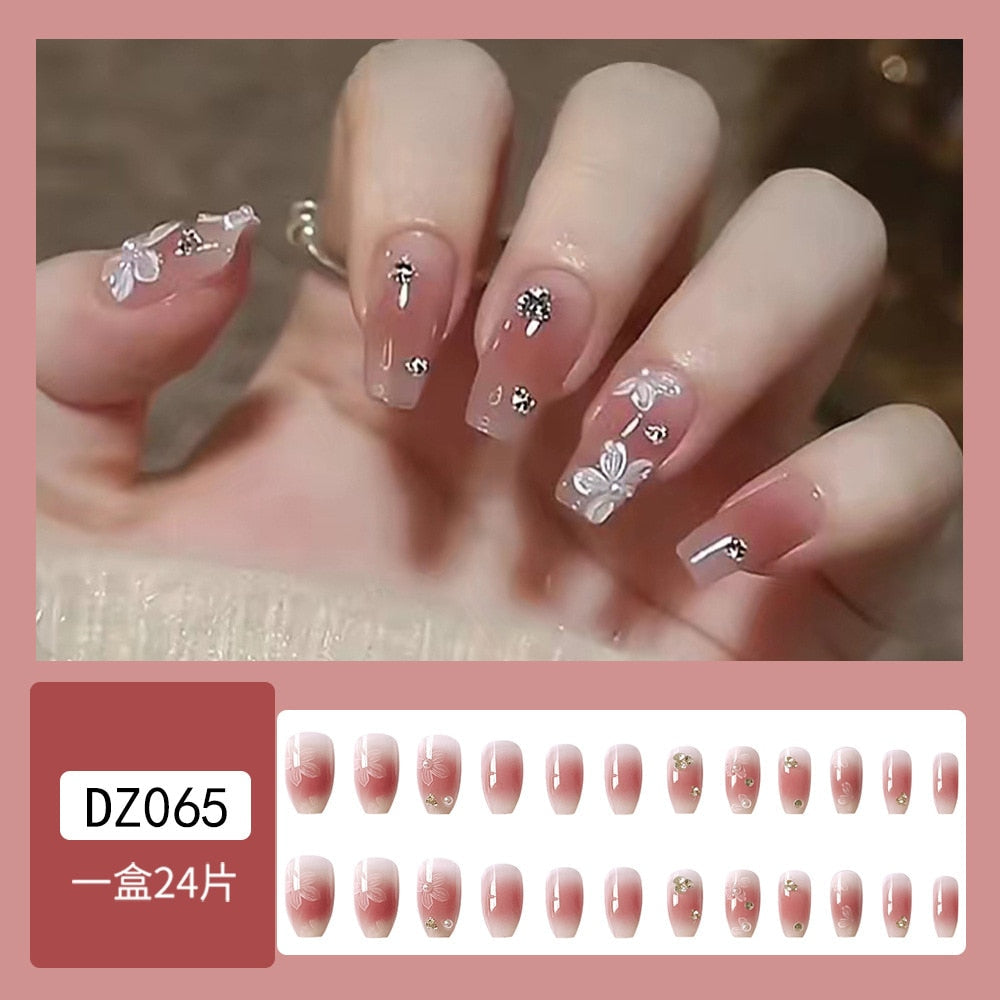 24Pcs Glitter Pink Fake Nails Press on French Set almond Cute Nail Art korean Fake Nails Acrylic Full Cover Tips with Glue