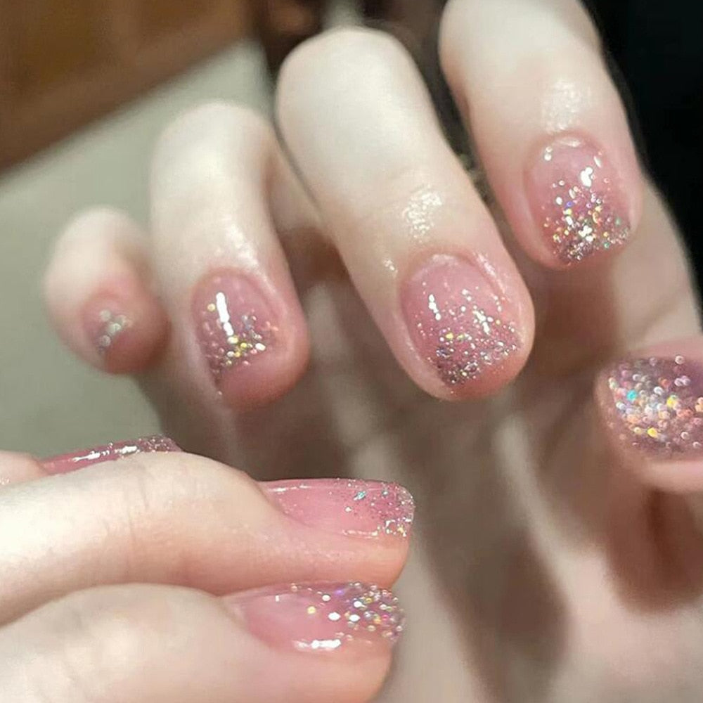 24Pcs Glitter Pink Fake Nails Press on French Set almond Cute Nail Art korean Fake Nails Acrylic Full Cover Tips with Glue