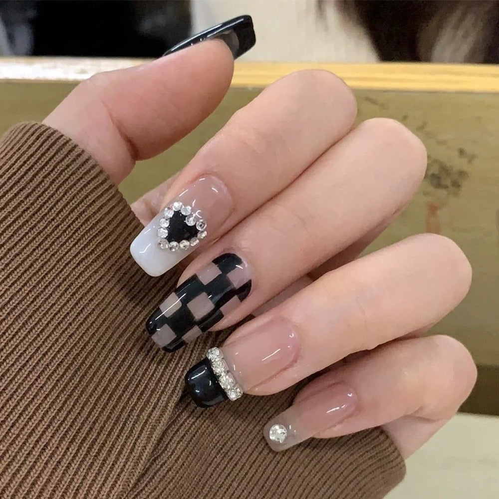 24Pcs Glitter Pink Fake Nails Press on French Set almond Cute Nail Art korean Fake Nails Acrylic Full Cover Tips with Glue