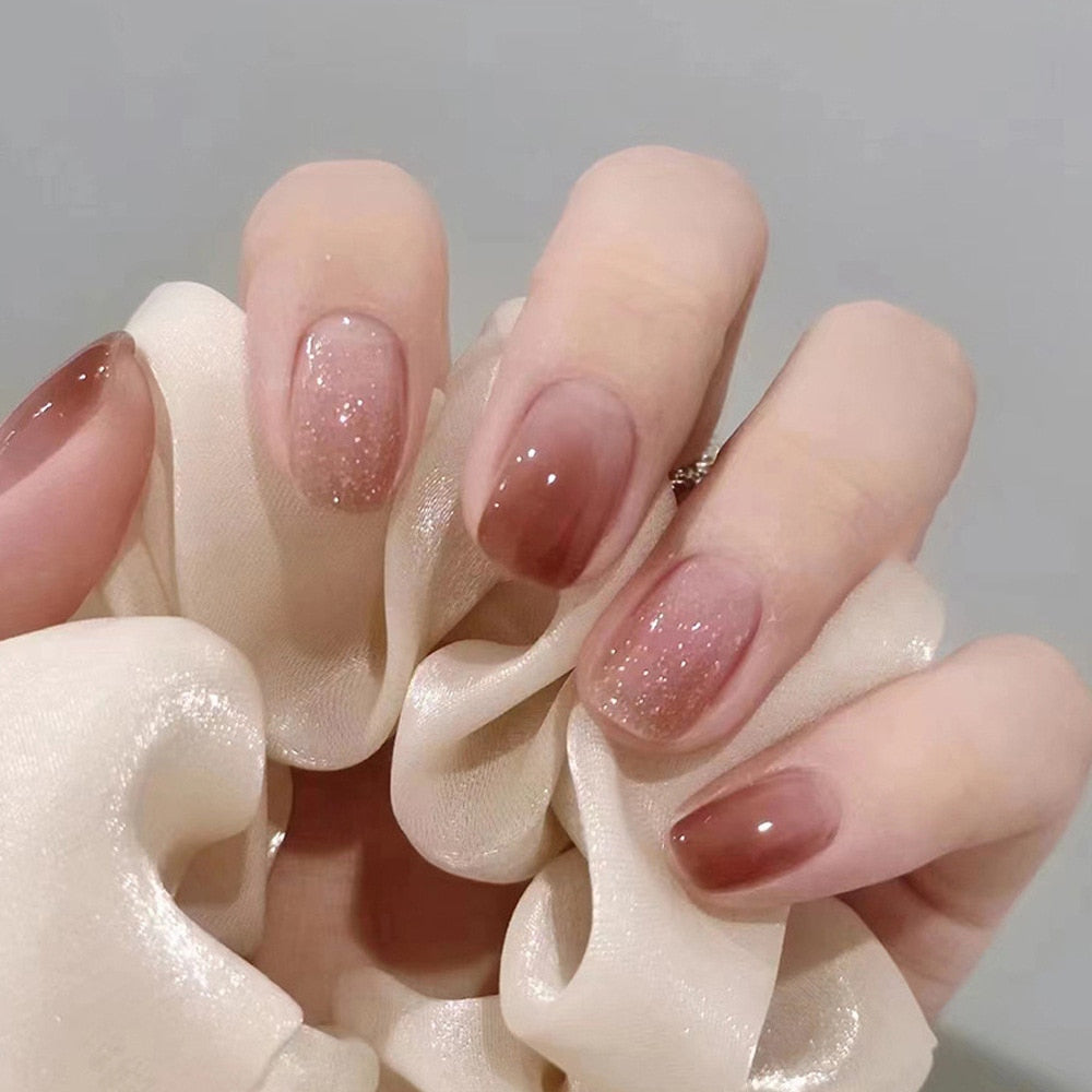 24Pcs Glitter Pink Fake Nails Press on French Set almond Cute Nail Art korean Fake Nails Acrylic Full Cover Tips with Glue