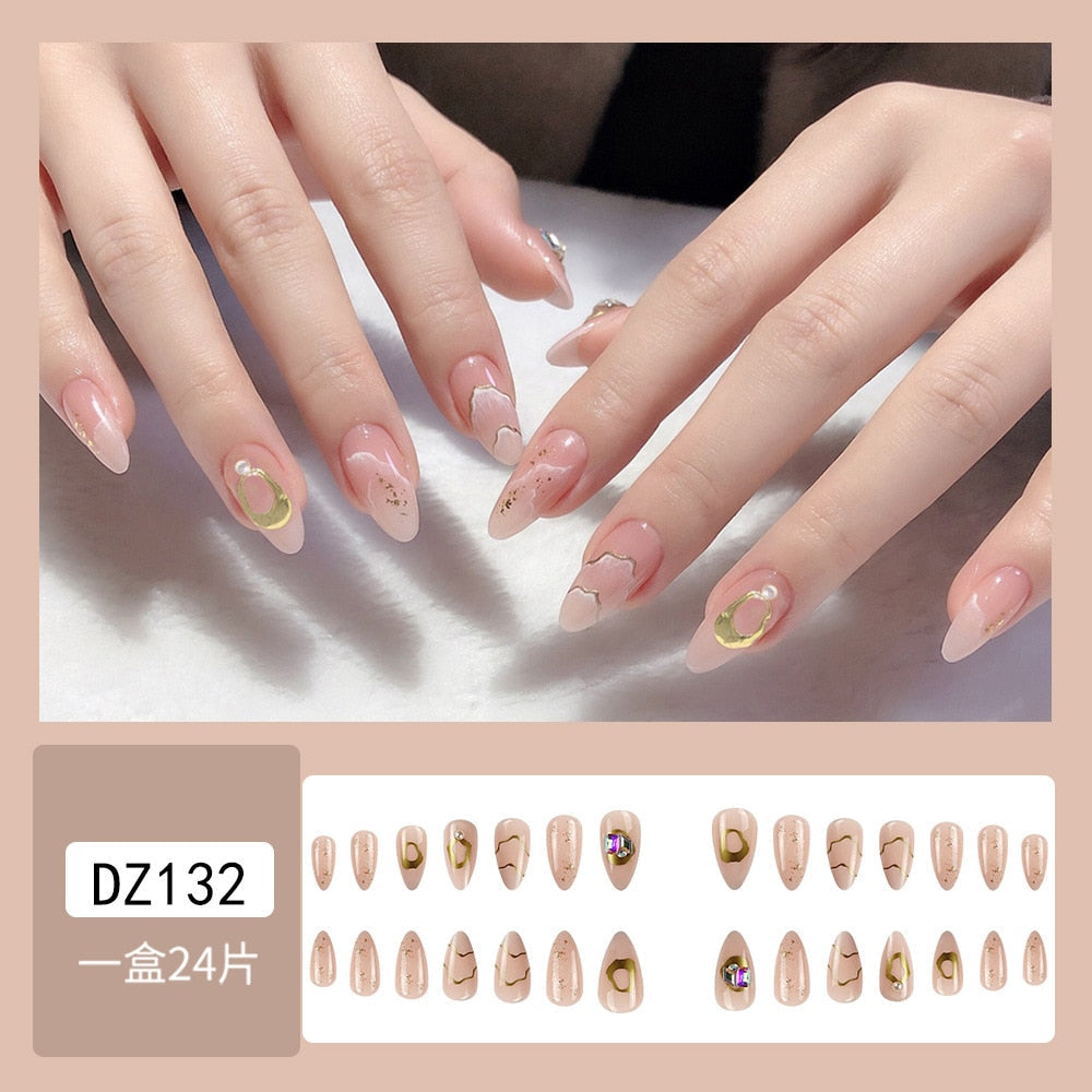 24Pcs Glitter Pink Fake Nails Press on French Set almond Cute Nail Art korean Fake Nails Acrylic Full Cover Tips with Glue