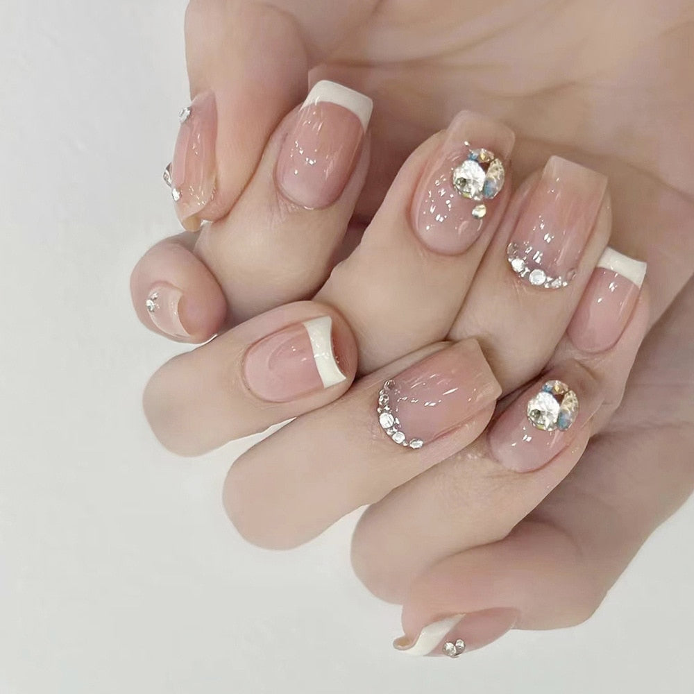 24Pcs Glitter Pink Fake Nails Press on French Set almond Cute Nail Art korean Fake Nails Acrylic Full Cover Tips with Glue