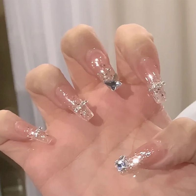 24Pcs Glitter Pink Fake Nails Press on French Set almond Cute Nail Art korean Fake Nails Acrylic Full Cover Tips with Glue