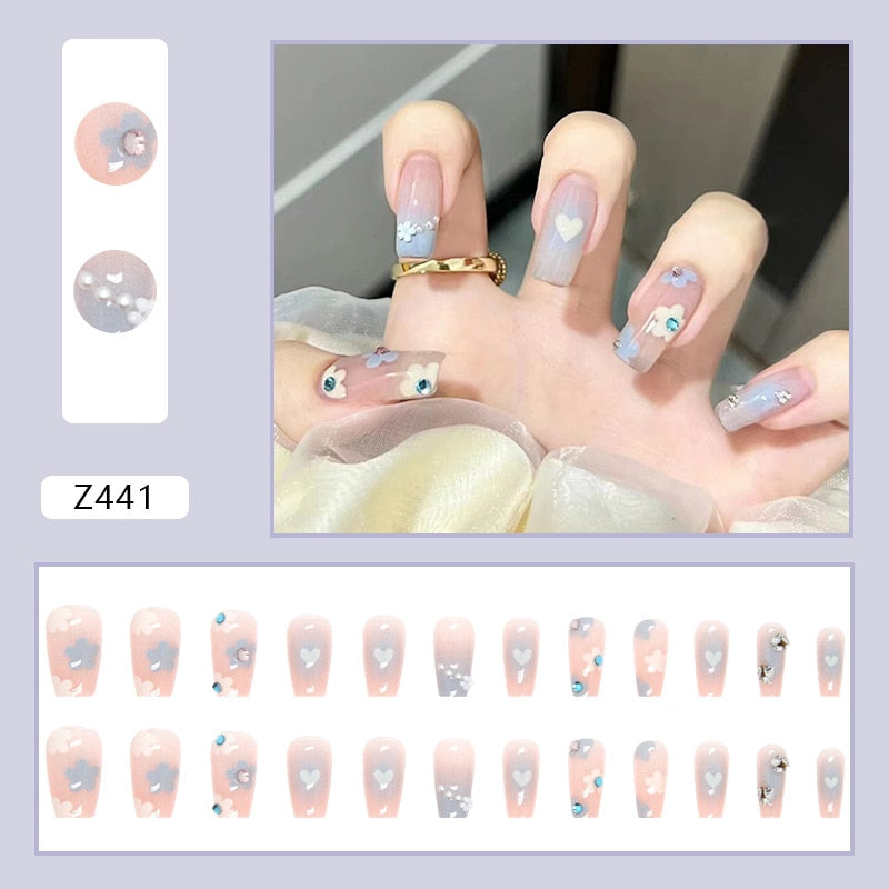 24Pcs Glitter Pink Fake Nails Press on French Set almond Cute Nail Art korean Fake Nails Acrylic Full Cover Tips with Glue