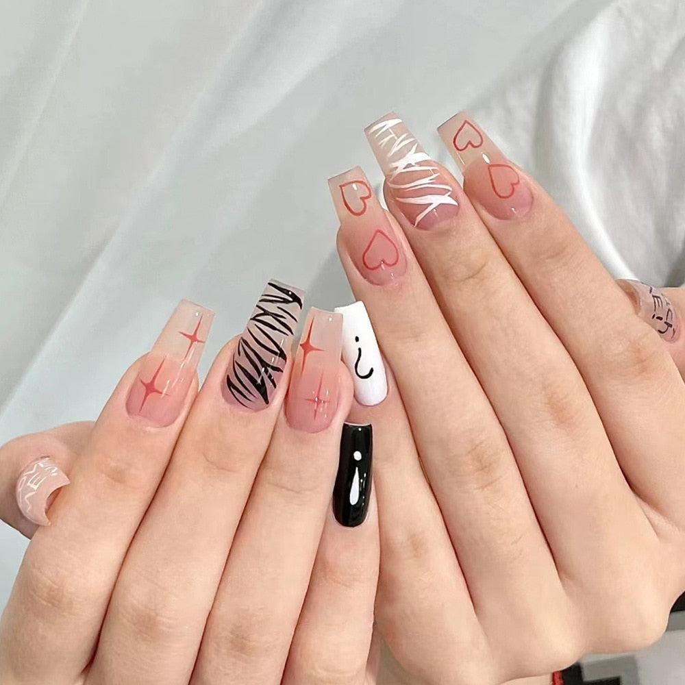 24Pcs Glitter Pink Fake Nails Press on French Set almond Cute Nail Art korean Fake Nails Acrylic Full Cover Tips with Glue