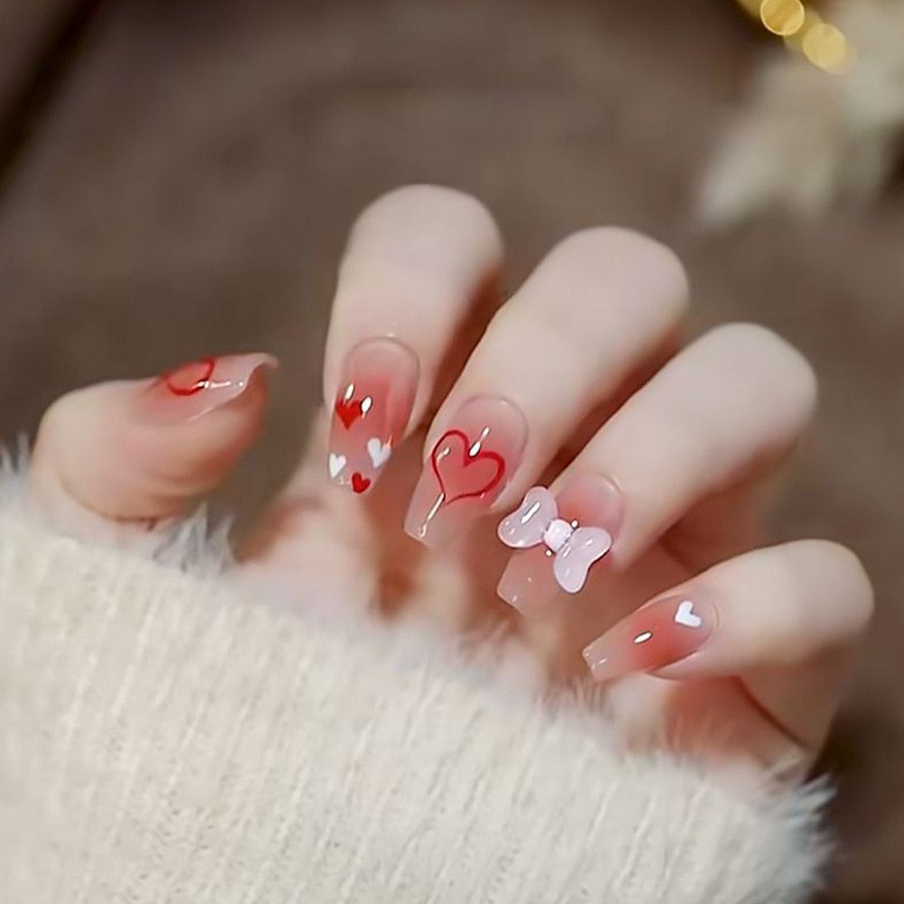 24Pcs Glitter Pink Fake Nails Press on French Set almond Cute Nail Art korean Fake Nails Acrylic Full Cover Tips with Glue