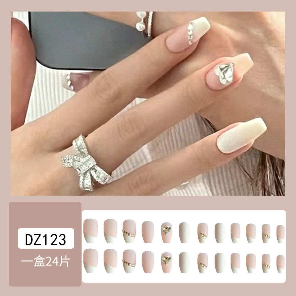 24Pcs Glitter Pink Fake Nails Press on French Set almond Cute Nail Art korean Fake Nails Acrylic Full Cover Tips with Glue