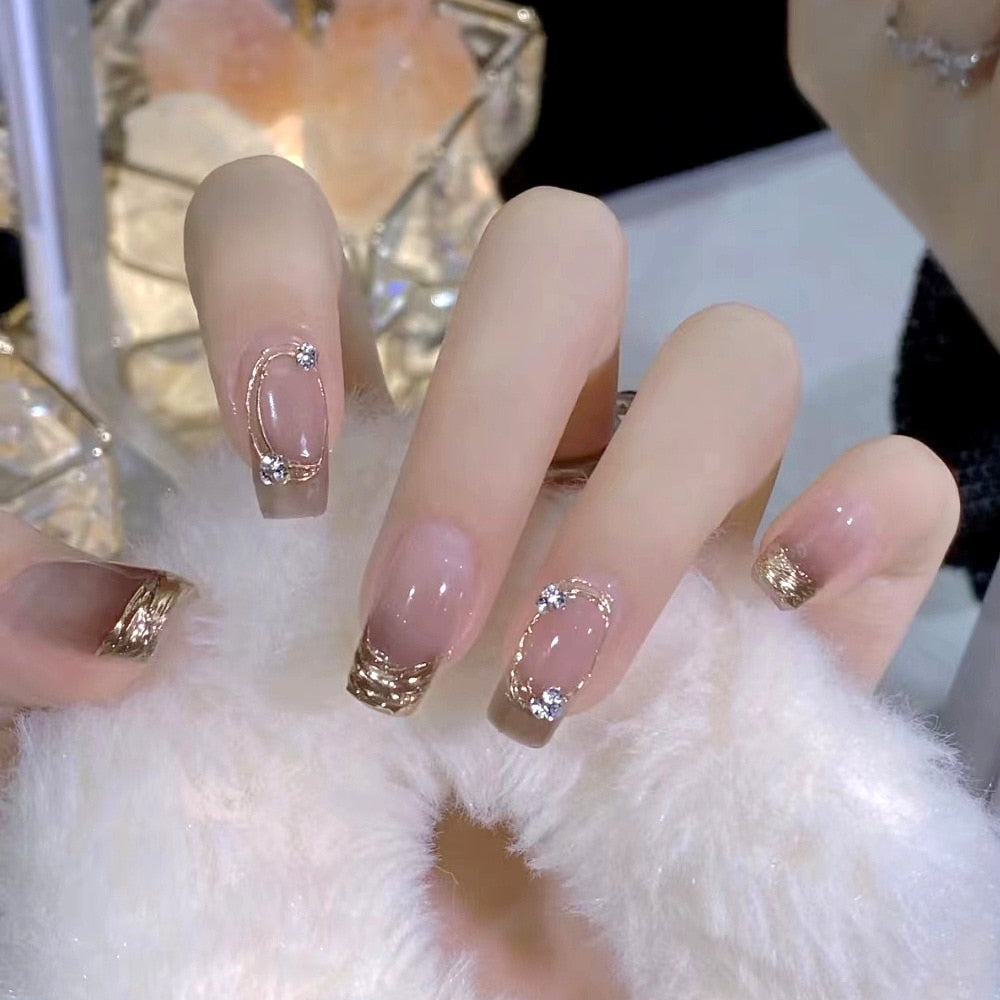 24Pcs Glitter Pink Fake Nails Press on French Set almond Cute Nail Art korean Fake Nails Acrylic Full Cover Tips with Glue