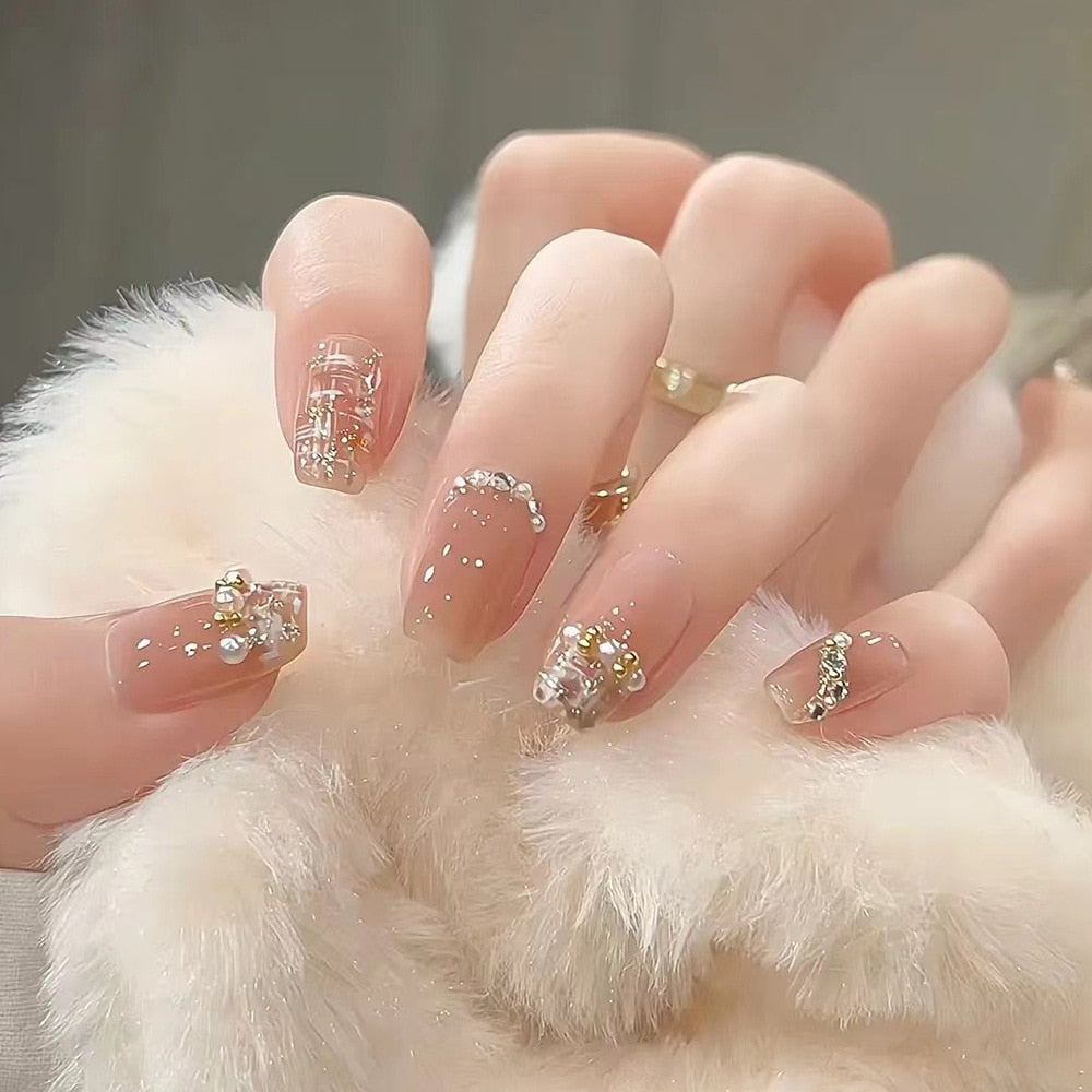 24Pcs Glitter Pink Fake Nails Press on French Set almond Cute Nail Art korean Fake Nails Acrylic Full Cover Tips with Glue