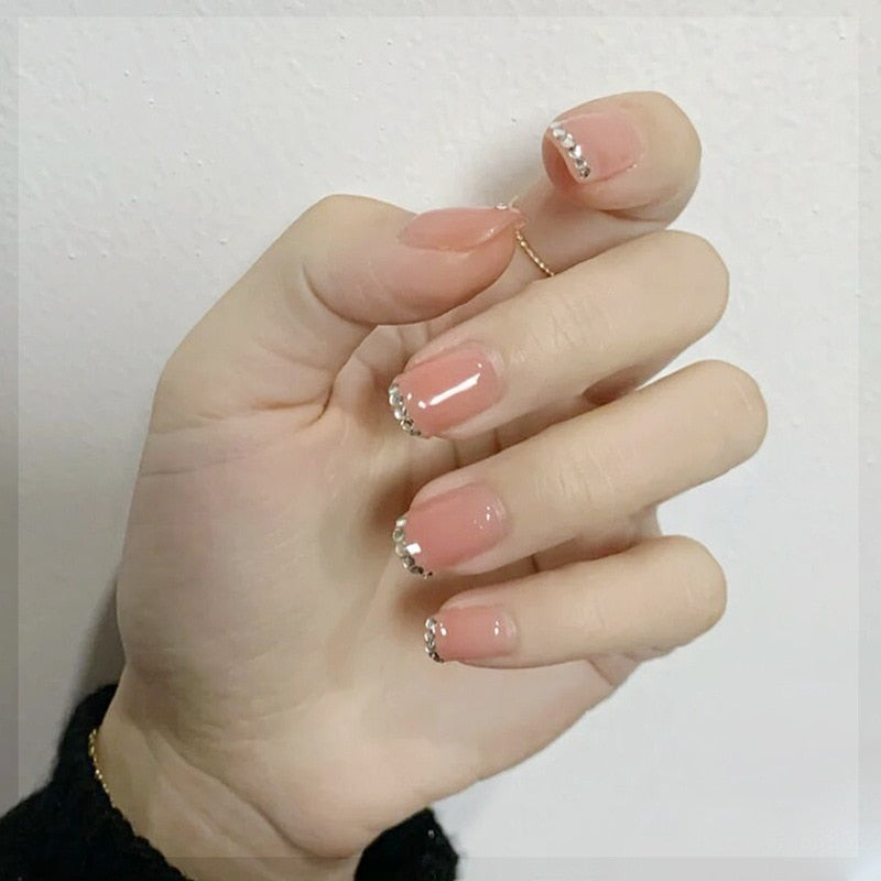 24Pcs Glitter Pink Fake Nails Press on French Set almond Cute Nail Art korean Fake Nails Acrylic Full Cover Tips with Glue