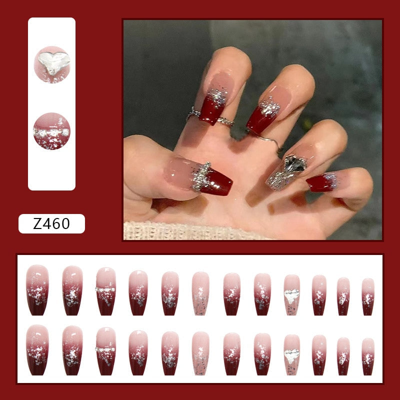 24Pcs Glitter Pink Fake Nails Press on French Set almond Cute Nail Art korean Fake Nails Acrylic Full Cover Tips with Glue