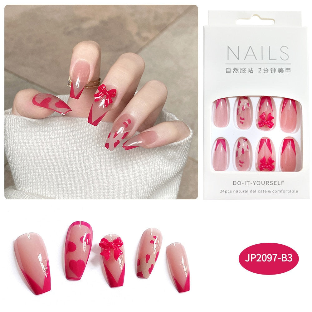 24Pcs Glitter Pink Fake Nails Press on French Set almond Cute Nail Art korean Fake Nails Acrylic Full Cover Tips with Glue