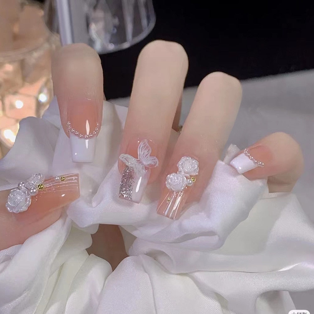 24Pcs Glitter Pink Fake Nails Press on French Set almond Cute Nail Art korean Fake Nails Acrylic Full Cover Tips with Glue