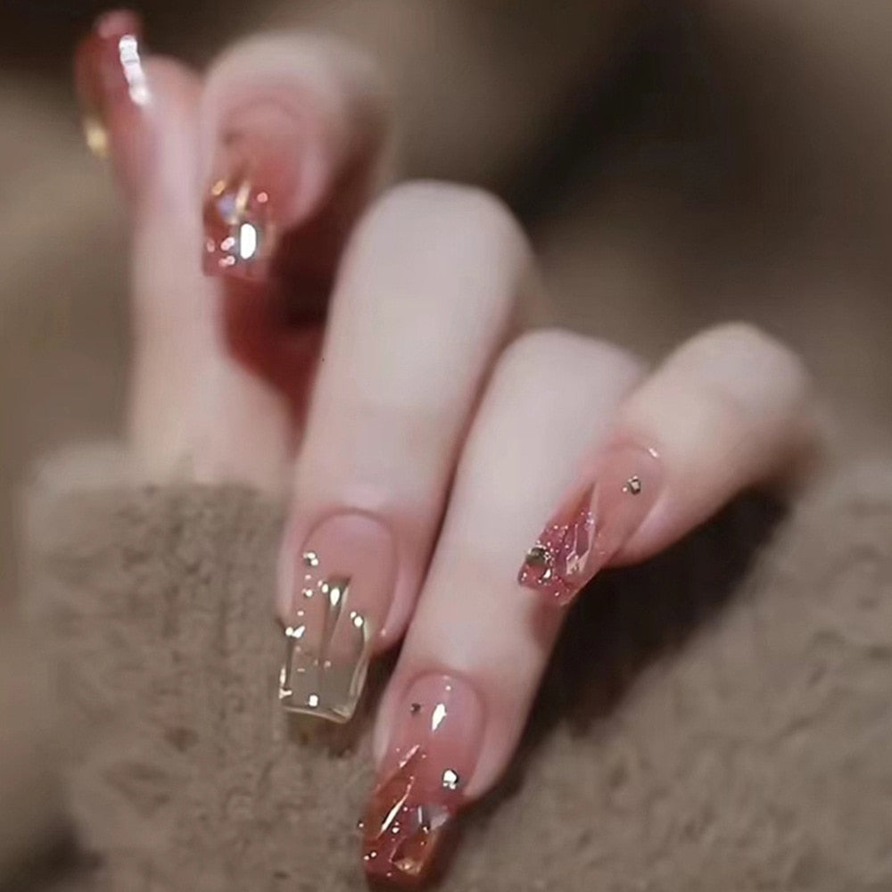 24Pcs Glitter Pink Fake Nails Press on French Set almond Cute Nail Art korean Fake Nails Acrylic Full Cover Tips with Glue