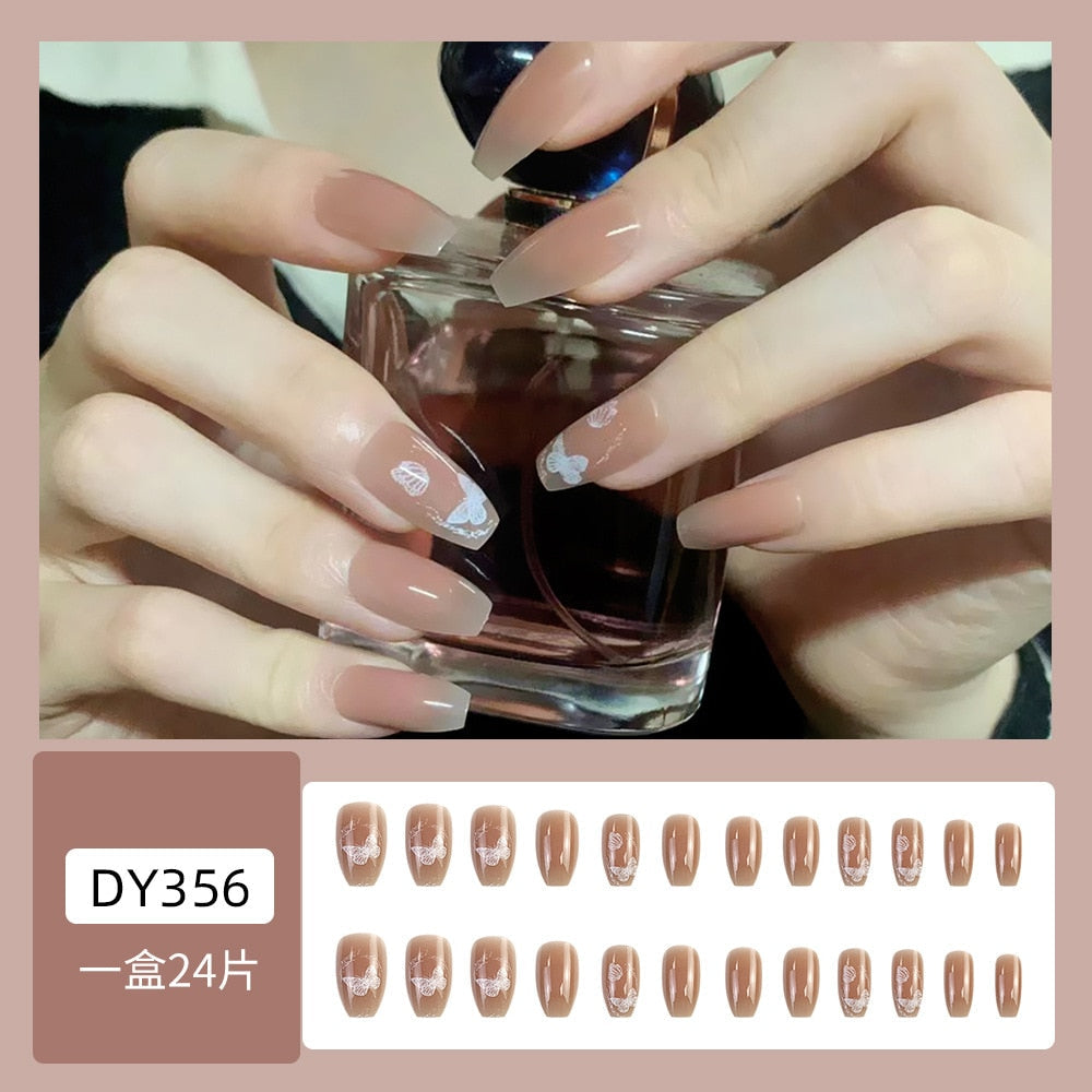 24Pcs Glitter Pink Fake Nails Press on French Set almond Cute Nail Art korean Fake Nails Acrylic Full Cover Tips with Glue