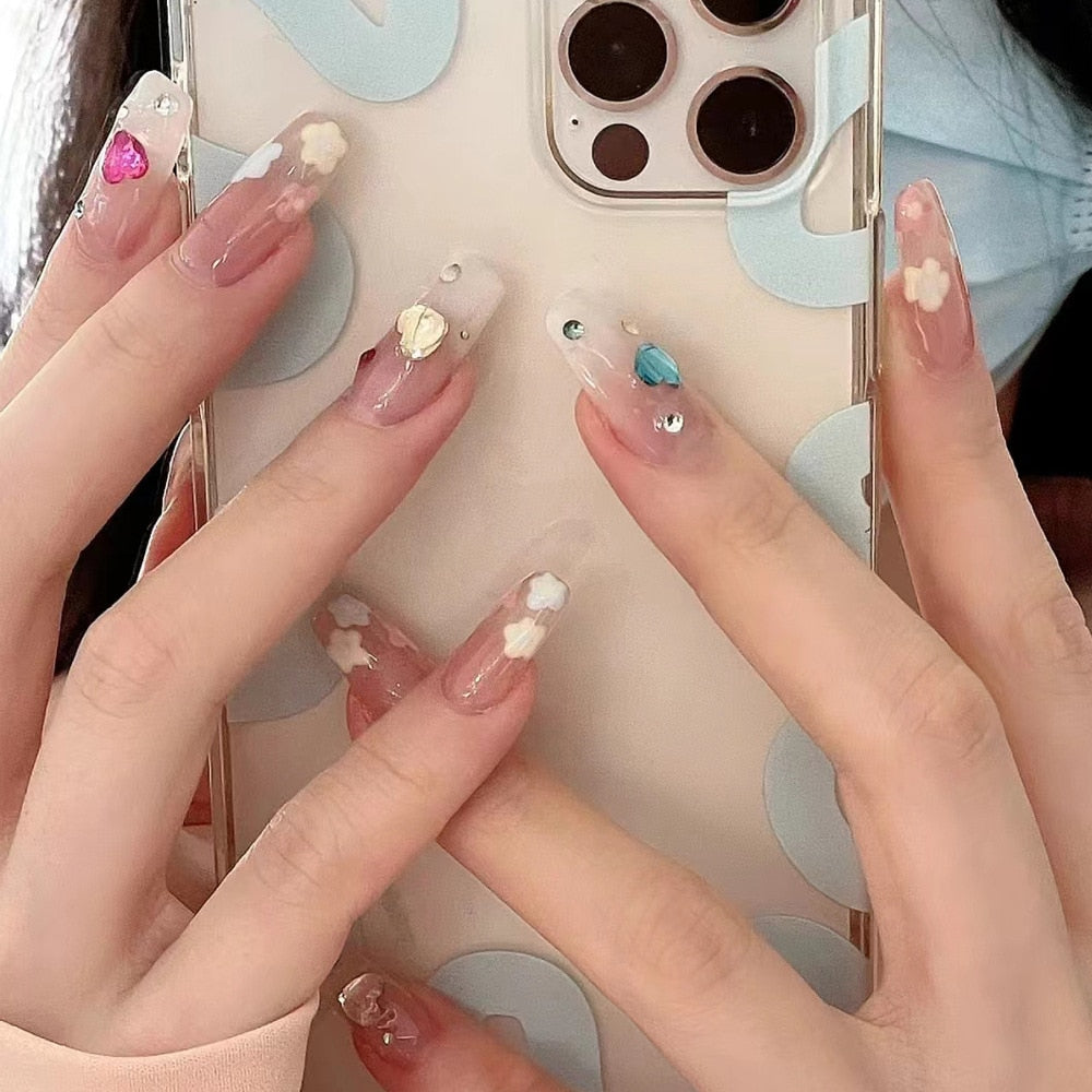 24Pcs Glitter Pink Fake Nails Press on French Set almond Cute Nail Art korean Fake Nails Acrylic Full Cover Tips with Glue