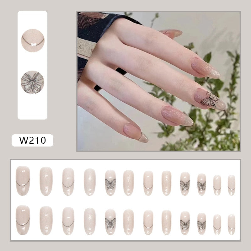24Pcs Glitter Pink Fake Nails Press on French Set almond Cute Nail Art korean Fake Nails Acrylic Full Cover Tips with Glue