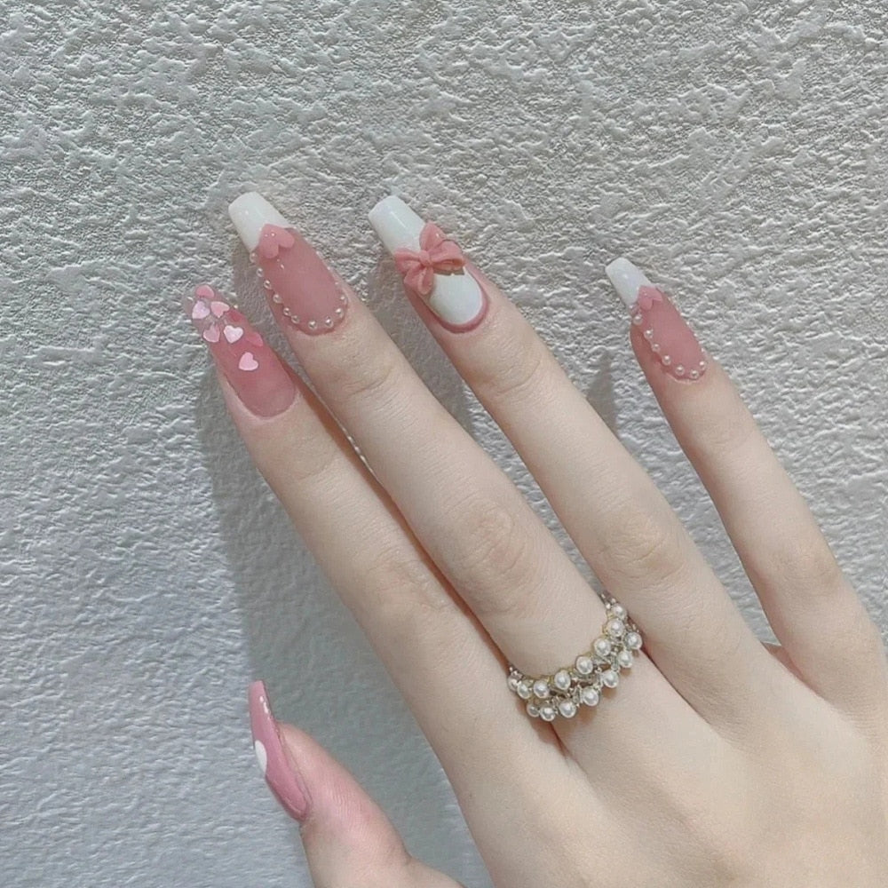 24Pcs Glitter Pink Fake Nails Press on French Set almond Cute Nail Art korean Fake Nails Acrylic Full Cover Tips with Glue