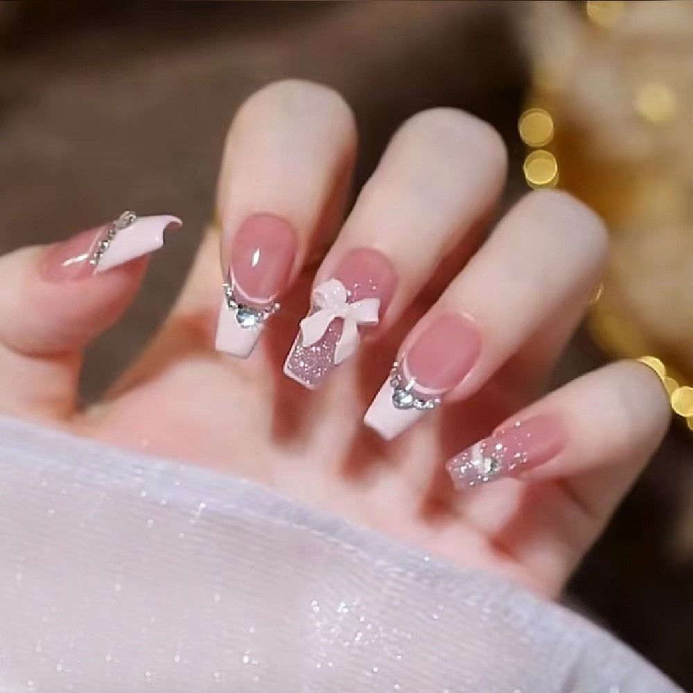 24Pcs Glitter Pink Fake Nails Press on French Set almond Cute Nail Art korean Fake Nails Acrylic Full Cover Tips with Glue