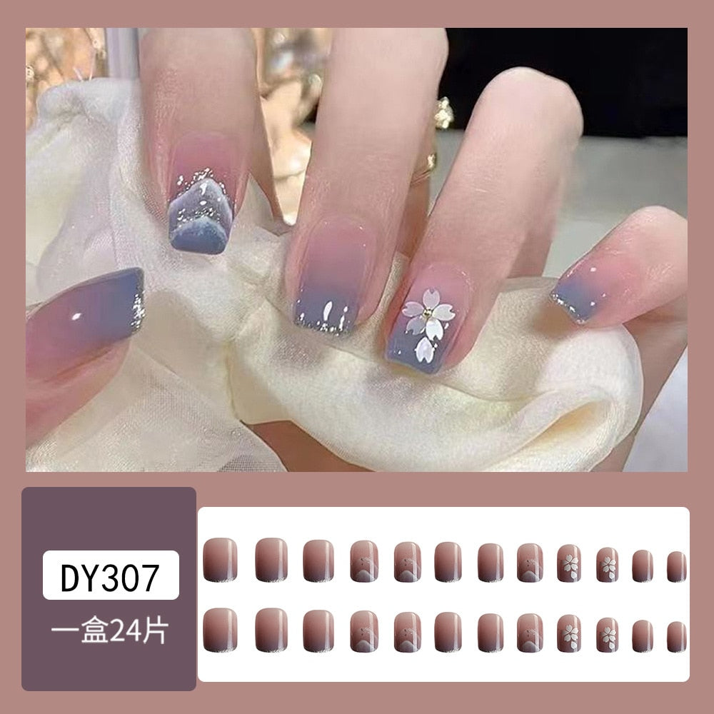 24Pcs Glitter Pink Fake Nails Press on French Set almond Cute Nail Art korean Fake Nails Acrylic Full Cover Tips with Glue