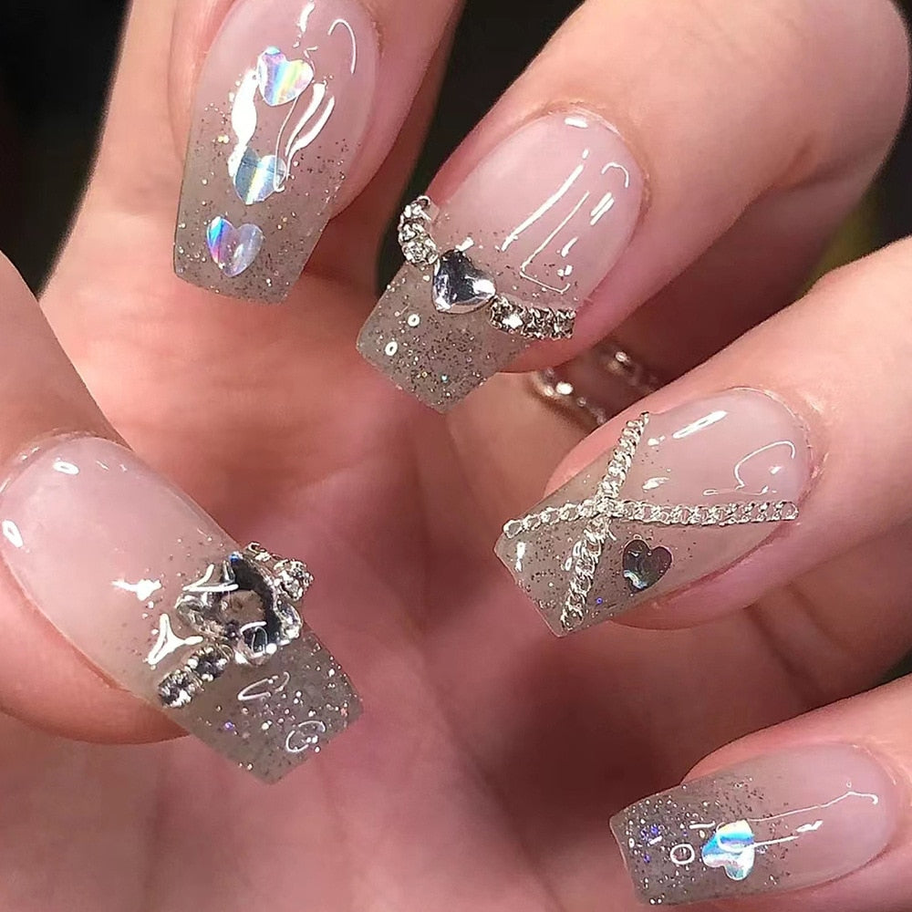 24Pcs Glitter Pink Fake Nails Press on French Set almond Cute Nail Art korean Fake Nails Acrylic Full Cover Tips with Glue