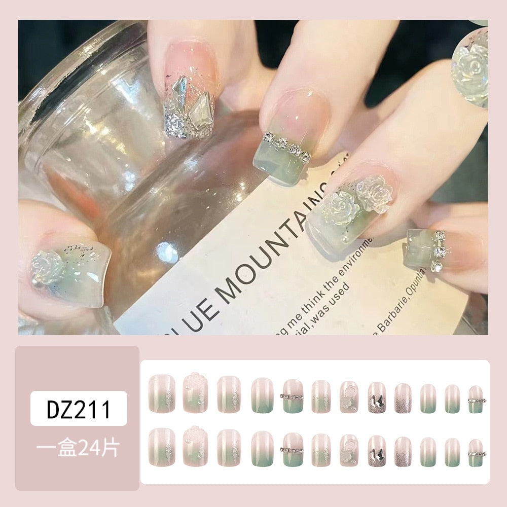 24Pcs Glitter Pink Fake Nails Press on French Set almond Cute Nail Art korean Fake Nails Acrylic Full Cover Tips with Glue