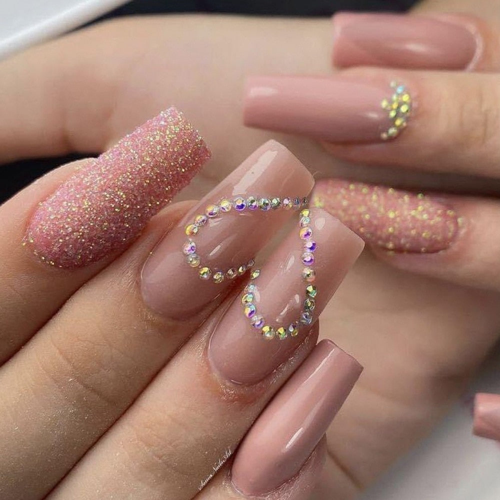 24Pcs Glitter Pink Fake Nails Press on French Set almond Cute Nail Art korean Fake Nails Acrylic Full Cover Tips with Glue