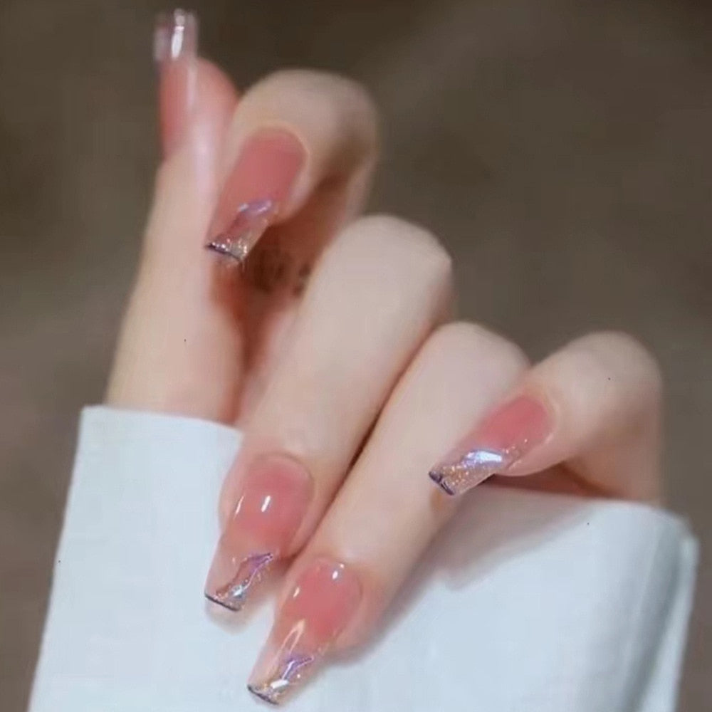 24Pcs Glitter Pink Fake Nails Press on French Set almond Cute Nail Art korean Fake Nails Acrylic Full Cover Tips with Glue